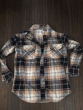 Oversized Plaid Button-Down Shirt - Black, Tan & Cream